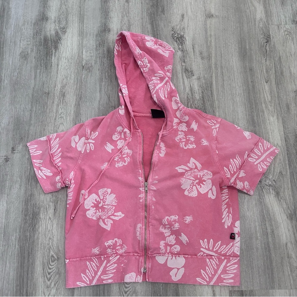 PRODUCE COMPANY Hoodie Short Sleeve Womens L Pink Hawaiin Floral Zip 100% Cotton
